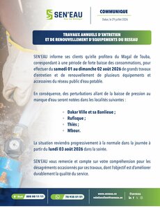 SEN’EAU annonce des perturbations du 1er au 3 août 2026 à Dakar, Rufisque, Thiès et Mbour